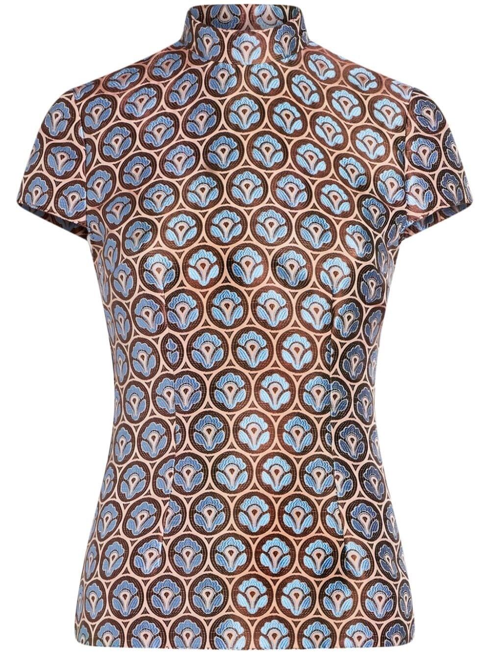 Etro Floral Jacquard Mock Neck Top Silk Blend Brown Blue IT 44